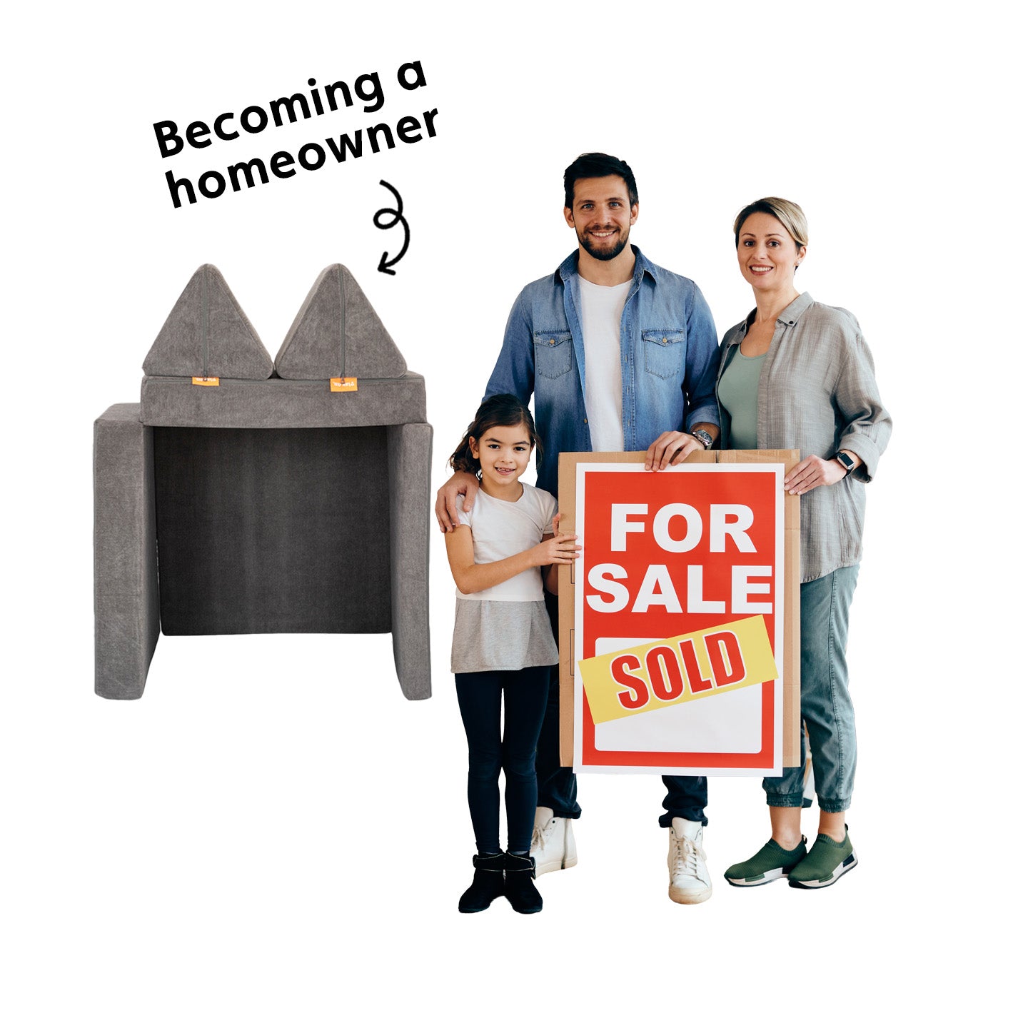 A family poses with a fake “Sold” sign, pretending to be new homeowners of a Nugget fort.