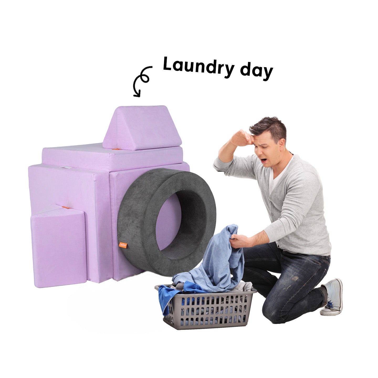A person pretends to do laundry in front of a pretend washing machine made from a Nugget.