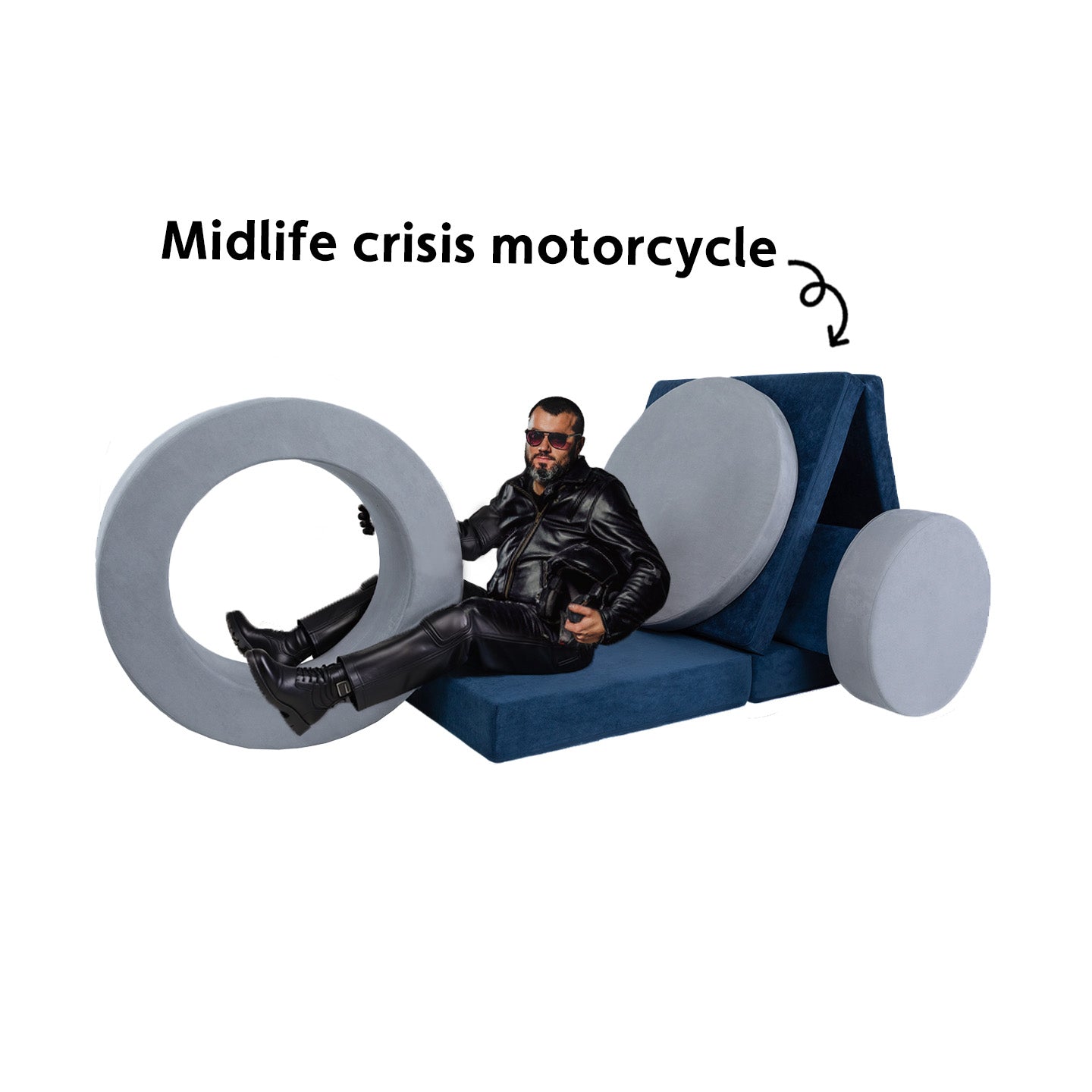 A grownup pretends to drive a pretend motorcycle made out of a Nugget and Chunk.