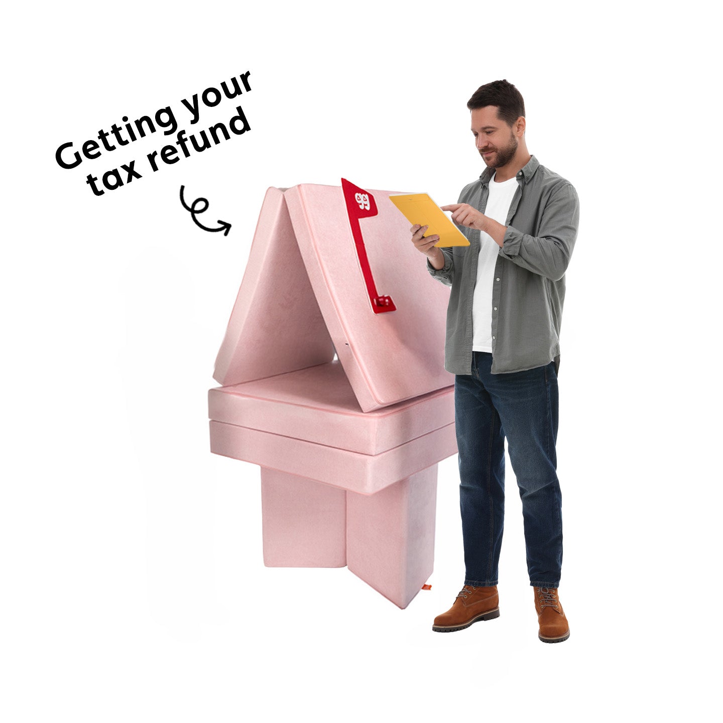 A man pretends to pull his tax refund out of a pretend mailbox made from a Nugget.