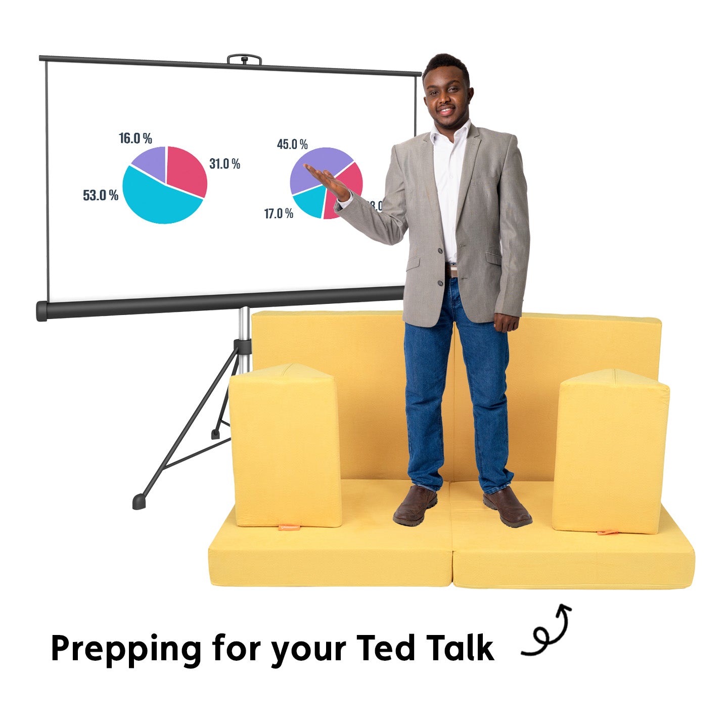 A man in a suit pretends to prepare for a presentation on a stage made out of a Nugget.
