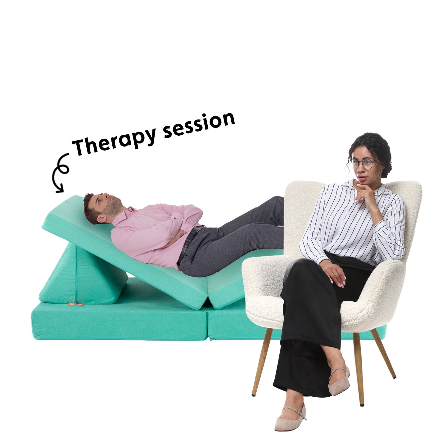 A grownup relaxes on a Nugget play couch while a second adult pretends to be their therapist.