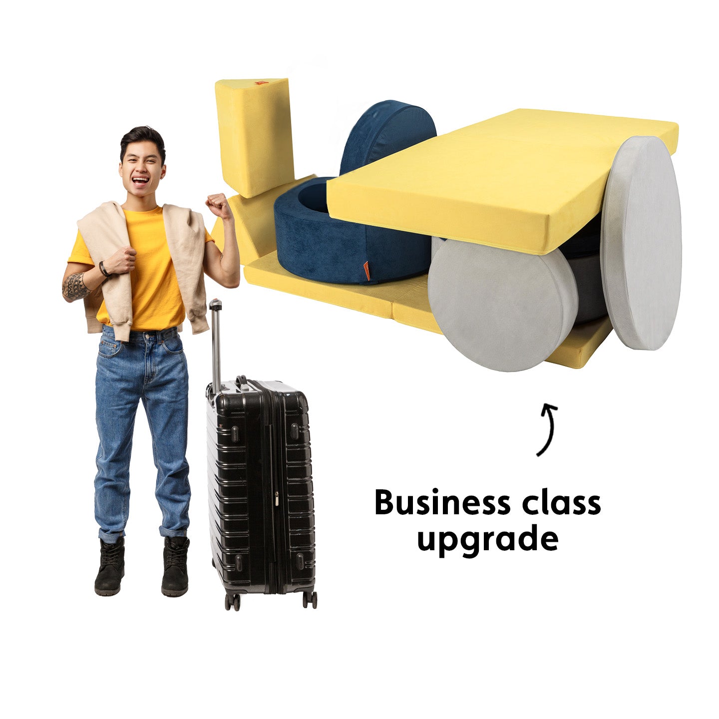 A grownup with a suitcase looks excited next to a pretend airplane made from a Nugget and two Chunk play ottomans.