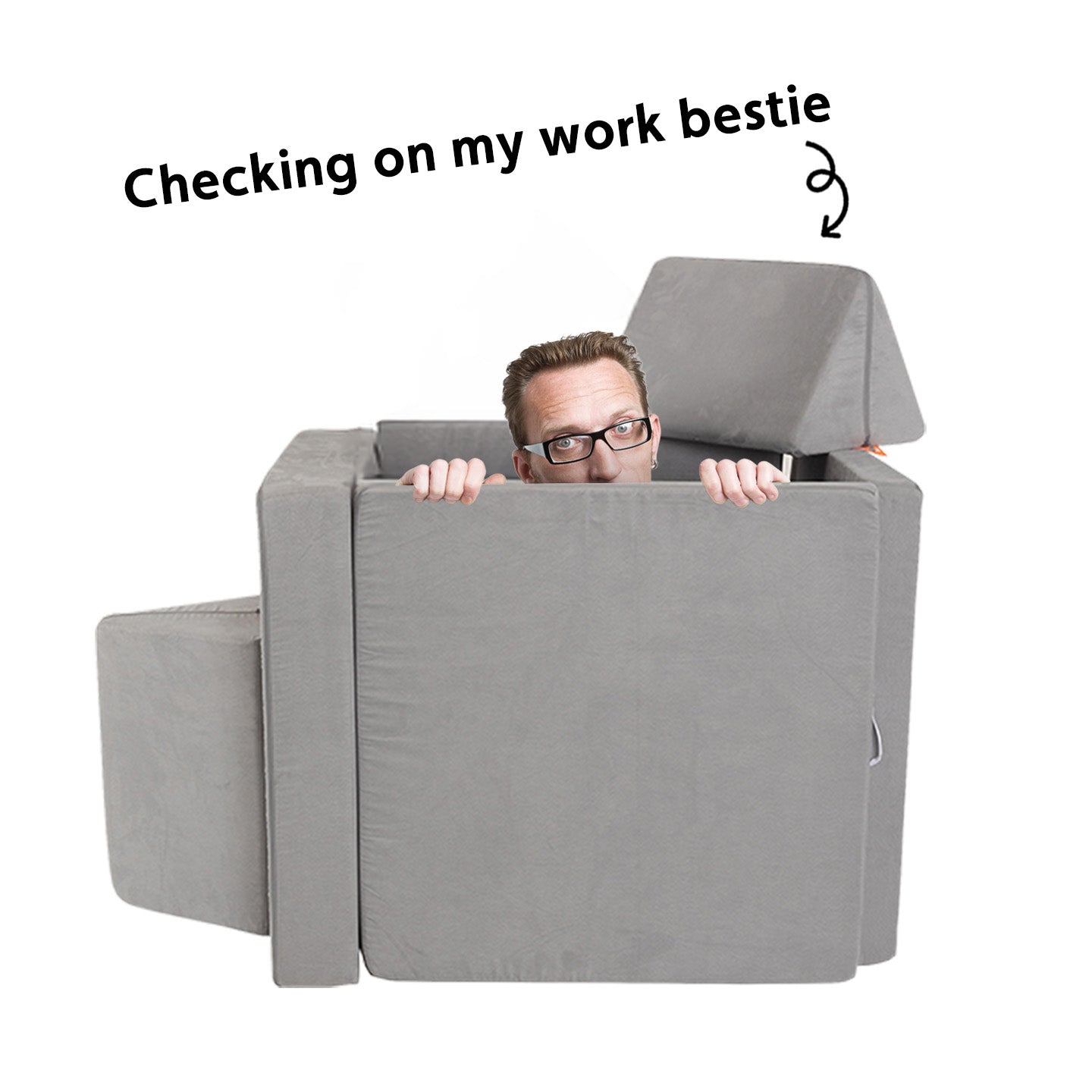 A person peeks out of a pretend office cubicle made from a Nugget.