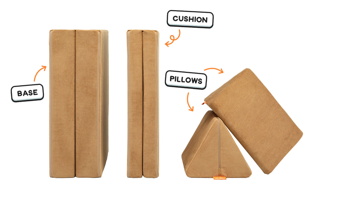 Four pieces of a camel brown Nugget play couch lined up: one foldable base, one foldable cushion, and two triangular pillows.