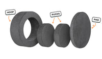 Four pieces of a charcoal gray Chunk play ottoman lined up: one large hoop, two sturdy nesting, and one wider pad for the lid.