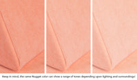 Close-up of a Nugget pillow in Blossom light peach across three lighting situations. One color can present as a range of tones depending on the room.