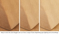 Close-up of a Nugget pillow in Camelot camel brown across three lighting situations. One color can present as a range of tones depending on the room.