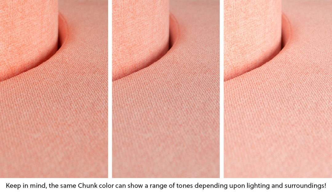 Close-up of a Chunk puck in Blossom light peach across three lighting situations. One color can present as a range of tones depending on the room.