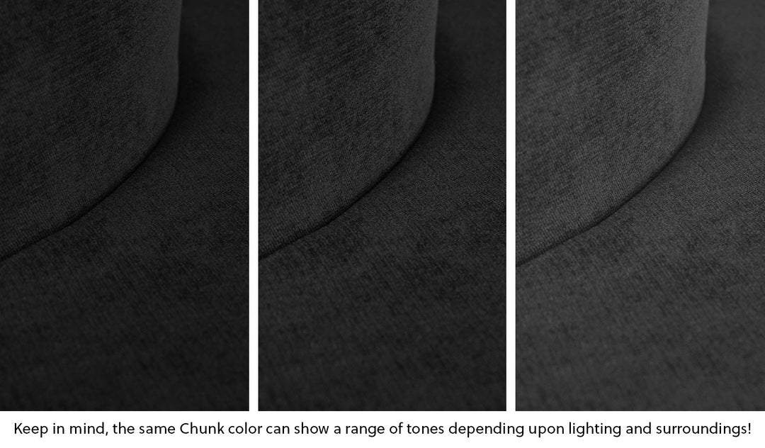 Close-up of a Chunk puck in Catwalk all-black across three lighting situations. One color can present as a range of tones depending on the room.