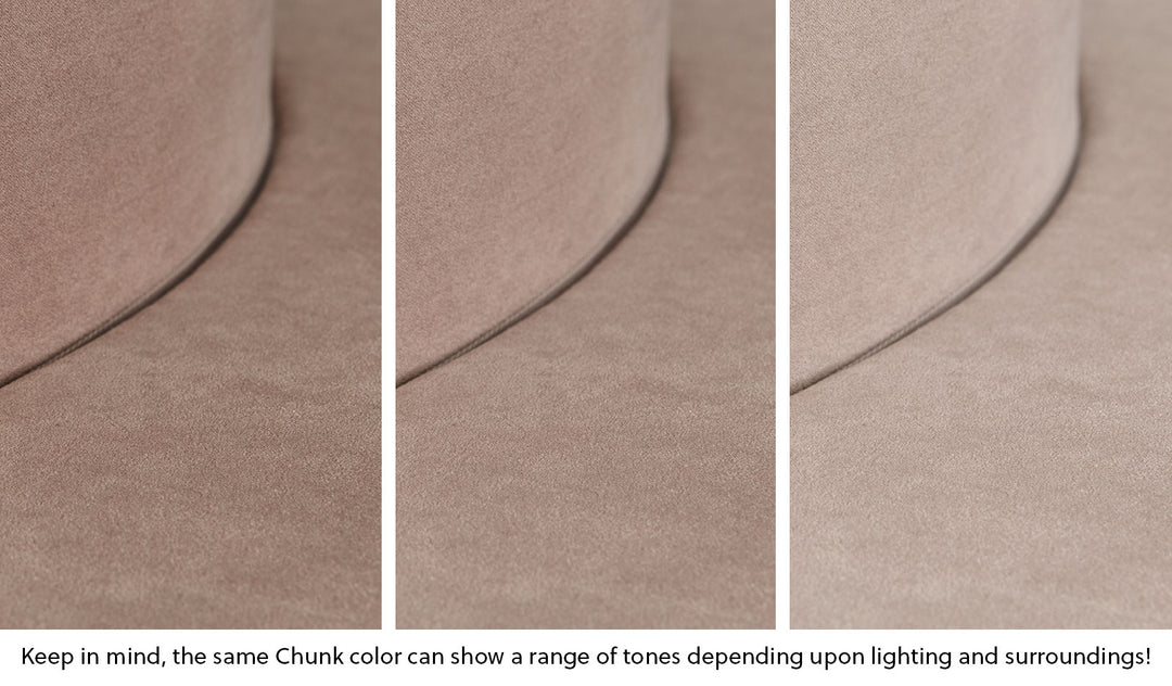 Close-up of a Chunk puck in Cottontail earthy taupe across three lighting situations. One color can present as a range of tones depending on the room.