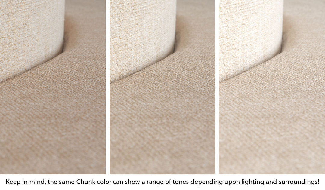 Close-up of a Chunk puck in Dunebuggy vintage beige across three lighting situations. One color can present as a range of tones depending on the room.