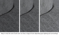 Close-up of a Chunk puck in Harbor charcoal gray across three lighting situations. One color can present as a range of tones depending on the room.