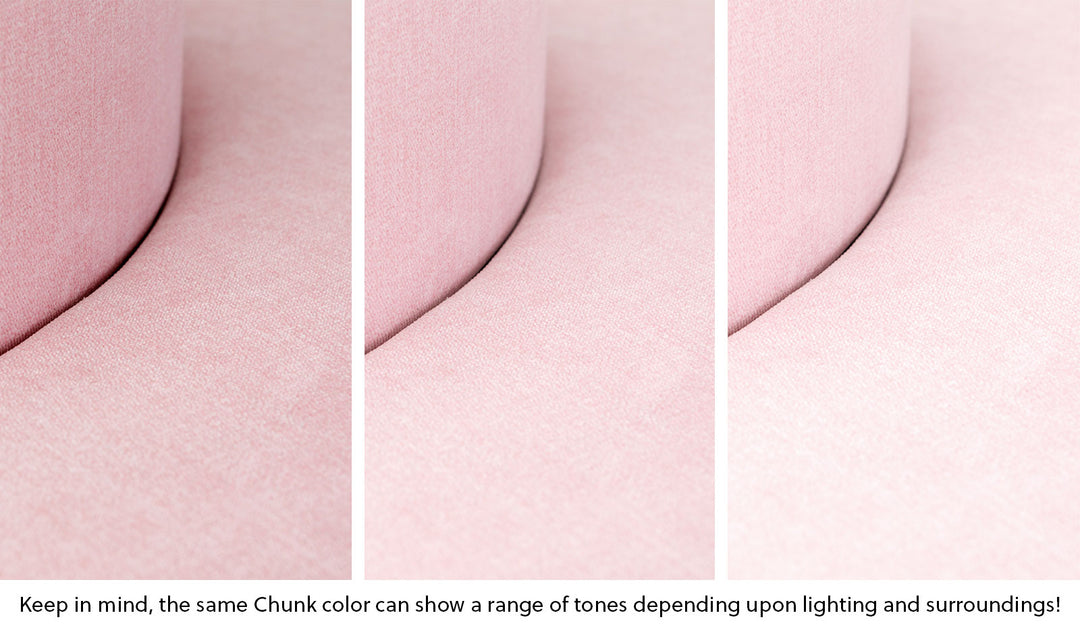 Close-up of a Chunk puck in Heartthrob blush pink across three lighting situations. One color can present as a range of tones depending on the room.