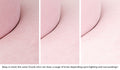 Close-up of a Chunk puck in Heartthrob blush pink across three lighting situations. One color can present as a range of tones depending on the room.