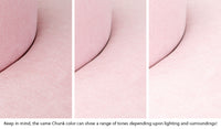 Close-up of a Chunk puck in Heartthrob blush pink across three lighting situations. One color can present as a range of tones depending on the room.