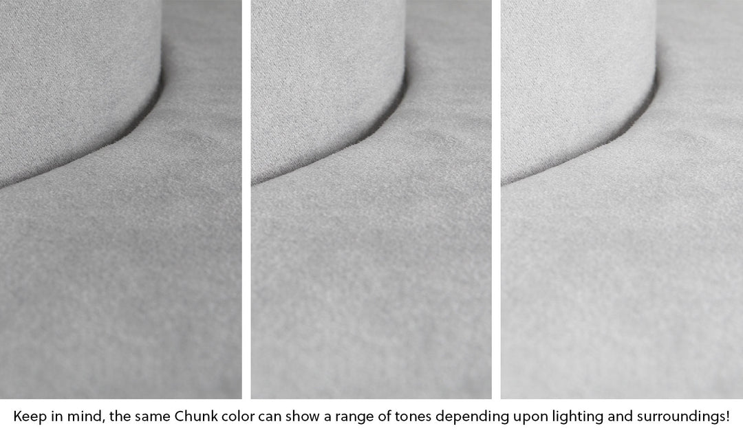 Close-up of a Chunk puck in Koala light gray across three lighting situations. One color can present as a range of tones depending on the room.