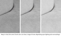 Close-up of a Chunk puck in Koala light gray across three lighting situations. One color can present as a range of tones depending on the room.