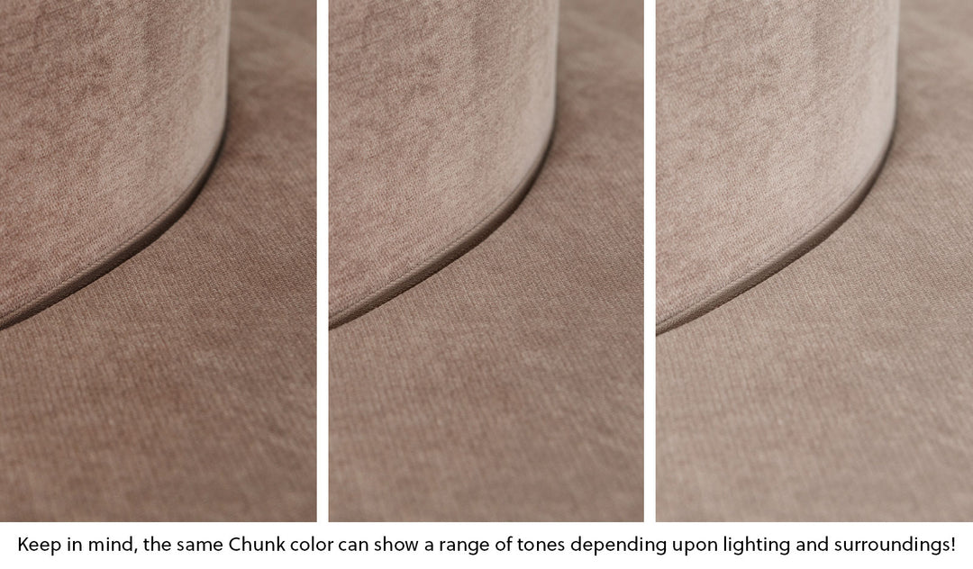 Close-up of a Chunk puck in Kodiak earthy taupe across three lighting situations. One color can present as a range of tones depending on the room.