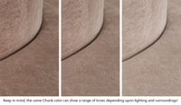 Close-up of a Chunk puck in Kodiak earthy taupe across three lighting situations. One color can present as a range of tones depending on the room.