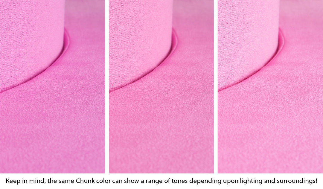 Close-up of a Chunk puck in Lolly candy pink across three lighting situations. One color can present as a range of tones depending on the room.