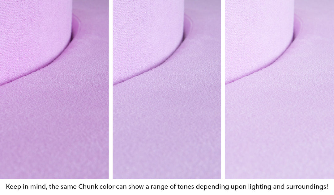 Close-up of a Chunk puck in Moonshot lilac purple across three lighting situations. One color can present as a range of tones depending on the room.