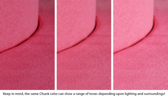 Close-up of a Chunk puck in Popstar hot pink across three lighting situations. One color can present as a range of tones depending on the room.
