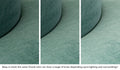 Close-up of a Chunk puck in Seamonster sea green across three lighting situations. One color can present as a range of tones depending on the room.