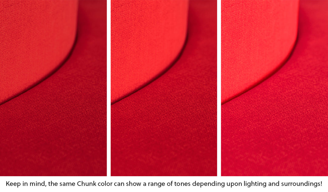 Close-up of a Chunk puck in Trolley true red across three lighting situations. One color can present as a range of tones depending on the room.