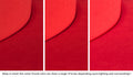 Close-up of a Chunk puck in Trolley true red across three lighting situations. One color can present as a range of tones depending on the room.