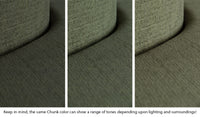 Close-up of a Chunk puck in Willow forest green across three lighting situations. One color can present as a range of tones depending on the room.