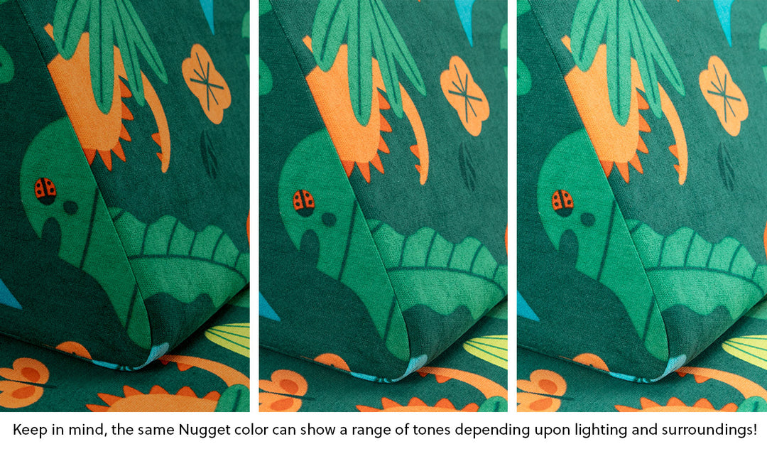 Close-up of a Nugget pillow in our Fossil dinosaur print across three lighting situations. One color can present as a range of tones depending on the room.