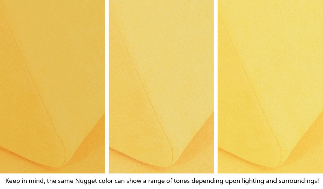 Close-up of a Nugget pillow in Lemonade classic yellow across three lighting situations. One color can present as a range of tones depending on the room.