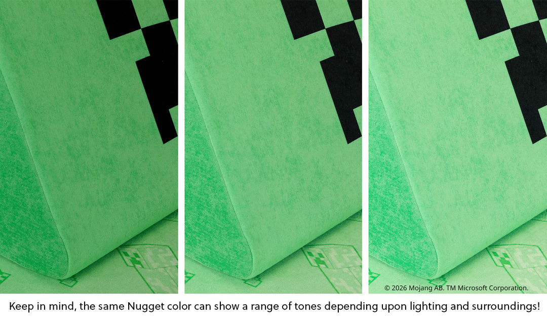 Close-up of a Nugget pillow in our Minecraft print across three lighting situations. One color can present as a range of tones depending on the room.