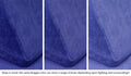 Close-up of a Nugget pillow in Nebula vibrant indigo across three lighting situations. One color can present as a range of tones depending on the room.