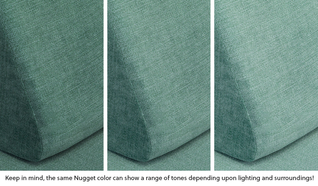 Close-up of a Nugget pillow in Seamonster sea green across three lighting situations. One color can present as a range of tones depending on the room.