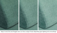 Close-up of a Nugget pillow in Seamonster sea green across three lighting situations. One color can present as a range of tones depending on the room.