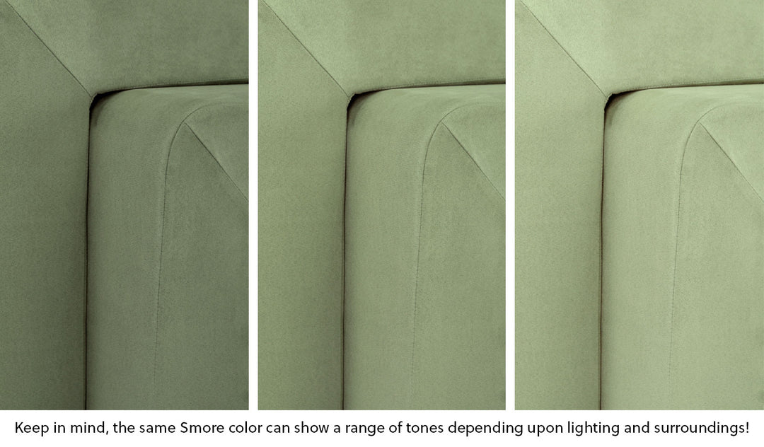 Close-up of a Smore frame in Bamboo mossy sage across three lighting situations. One color can present as a range of tones depending on the room.