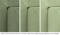 Close-up of a Smore frame in Bamboo mossy sage across three lighting situations. One color can present as a range of tones depending on the room.