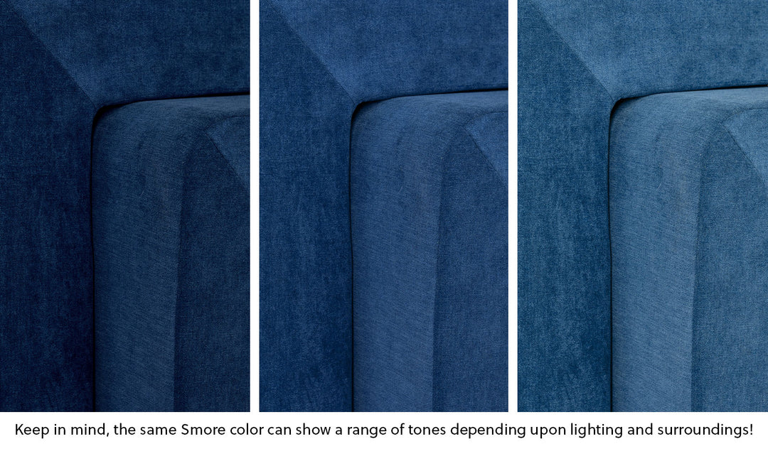 Close-up of a Smore frame in Blueridge navy blue across three lighting situations. One color can present as a range of tones depending on the room.