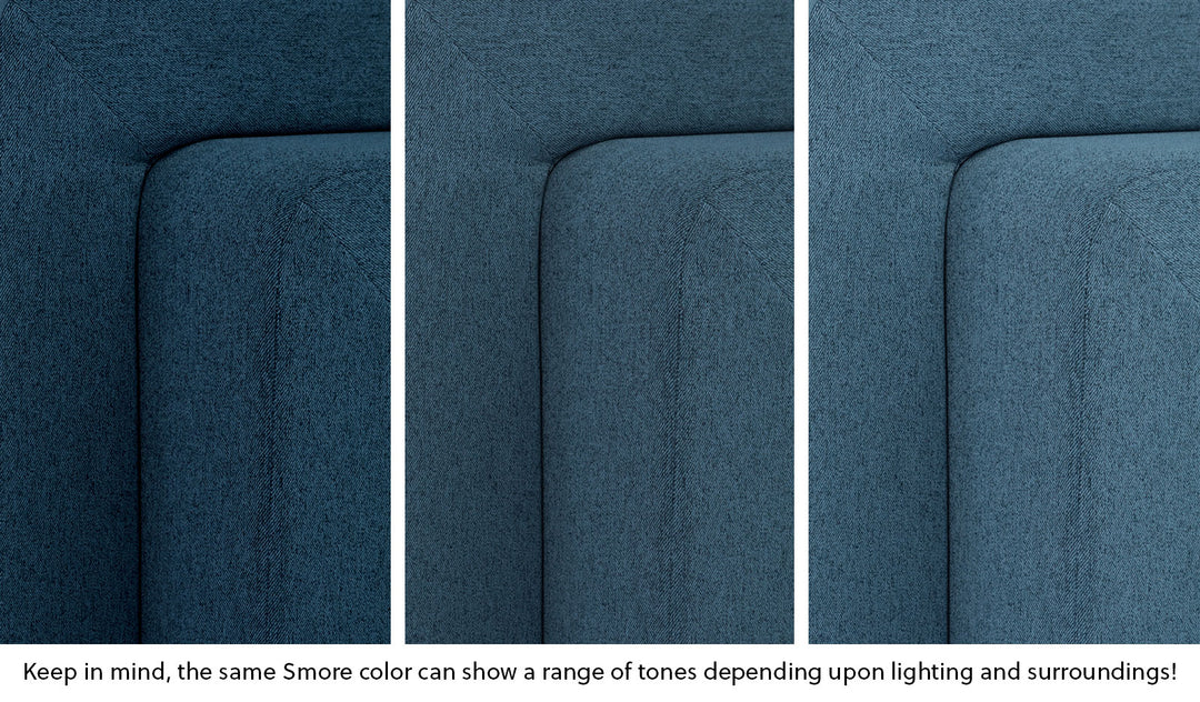 Close-up of a Smore frame in Buckaroo dark-wash denim across three lighting situations. One color can present as a range of tones depending on the room.