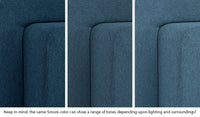Close-up of a Smore frame in Buckaroo dark-wash denim across three lighting situations. One color can present as a range of tones depending on the room.