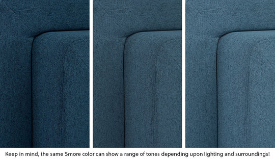 Close-up of a Smore frame in Buckaroo dark-wash denim across three lighting situations. One color can present as a range of tones depending on the room.