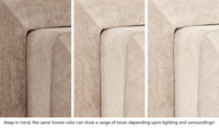 Close-up of a Smore frame in Dunebuggy vintage beige across three lighting situations. One color can present as a range of tones depending on the room.
