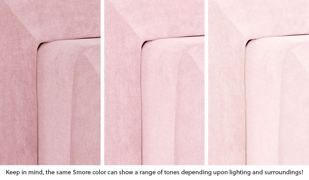 Close-up of a Smore frame in Heartthrob blush pink across three lighting situations. One color can present as a range of tones depending on the room.