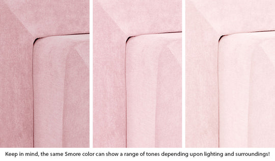 Close-up of a Smore frame in Heartthrob blush pink across three lighting situations. One color can present as a range of tones depending on the room.
