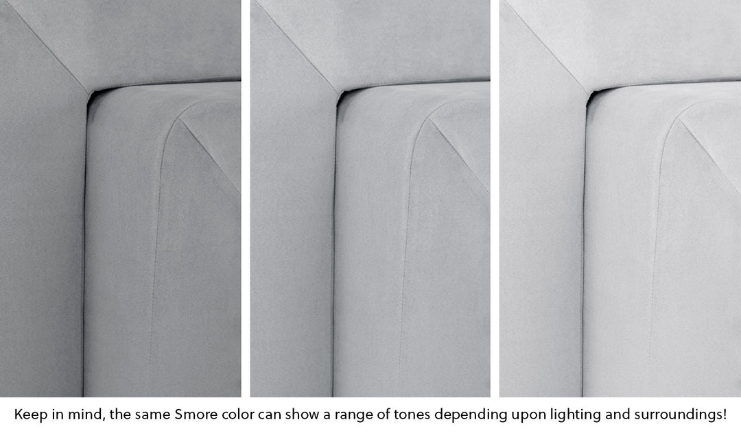 Close-up of a Smore frame in Koala light gray across three lighting situations. One color can present as a range of tones depending on the room.