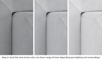 Close-up of a Smore frame in Koala light gray across three lighting situations. One color can present as a range of tones depending on the room.