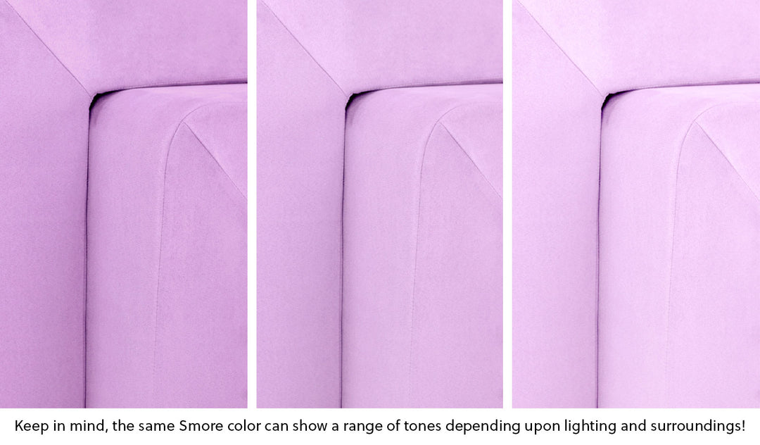 Close-up of a Smore frame in Moonshot lilac purple across three lighting situations. One color can present as a range of tones depending on the room.