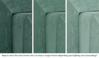 Close-up of a Smore frame in Seamonster sea green across three lighting situations. One color can present as a range of tones depending on the room.